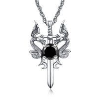 wholesale 925 Sterling Silver Dragon Sword Black CZ Pendant Necklace for Men- Rhodium Plated