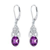 wholesale 925 Sterling Silver Purple Crystal Celtic Knot Dangle Earrings for Women- Rhodium Plated