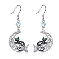 wholesale 925 Sterling Silver Hypoallergenic Moon & Black Cat Dangle Earrings with Green Eyes and Star Design- Rhodium Plated