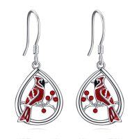 wholesale 925 Sterling Silver Red Cardinal Berry Dangle Earrings for Women- Rhodium Plated