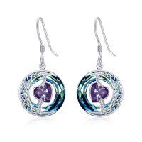 wholesale 925 Sterling Silver Purple Heart & Blue Swarovski Crystals Round Drop Earrings for Women- Rhodium Plated