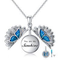 wholesale 925 Sterling Silver Blue Enamel Flower & Butterfly Cremation Jewelry Urn Pendant Necklace- Rhodium Plated