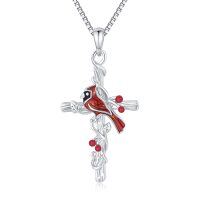 wholesale 925 Sterling Silver Red Enamel Cardinal Bird Cross Pendant Necklace for Women- Rhodium Plated