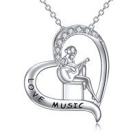 wholesale 925 Sterling Silver Love Music Guitar Girl Heart Pendant Necklace for Women- Rhodium Plated