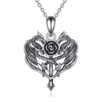 wholesale 925 Sterling Silver Dragon & Rose Heart Pendant Necklace for Women- Rhodium Plated