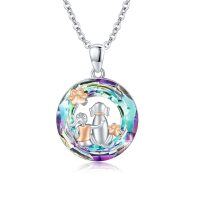 wholesale 925 Sterling Silver Rainbow Crystal Girl and Dog Pendant Necklace for Women- rhodium