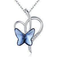wholesale 925 Sterling Silver Blue Crystal Butterfly Heart Pendant Necklace for Women- Rhodium Plated