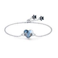wholesale 925 Sterling Silver Blue Crystal Paw Print Heart Charm Bracelet for Women- Rhodium Plated