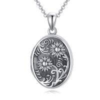 wholesale 925 Sterling Silver Oval Sunflower Photo Locket Pendant Necklace for Women- Rhodium Plated