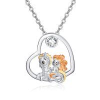 wholesale 925 Sterling Silver Heart-Shaped Mermaid & Unicorn Pendant Necklace with Cubic Zirconia for Women- Rhodium Plated