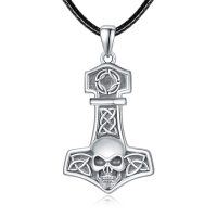 wholesale 925 Sterling Silver 925 Viking Thor's Hammer with Skull and Celtic Knots Pendant Necklace for Men- Rhodium Plated