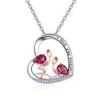 wholesale 925 Sterling Silver Pink Crystal Flamingo Heart Pendant Necklace for Women- Rhodium Plated