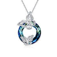 wholesale 925 Sterling Silver Blue Crystal Butterfly Pendant Necklace for Women Gifts- Rhodium Plated