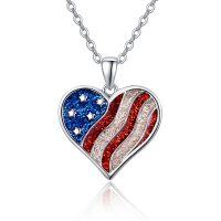 wholesale 925 Sterling Silver Glittery USA Flag Heart Pendant Necklace for Women- Rhodium Plated