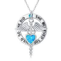 wholesale 925 Sterling Silver Blue Opal Heart Caduceus Pendant Necklace for Nurses- Rhodium Plated