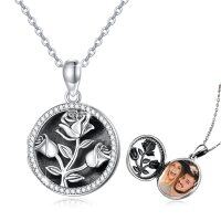 wholesale 925 Sterling Silver Round Rose Flower Photo Locket Pendant Necklaces for Women- Rhodium Plated
