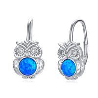 wholesale 925 Sterling Silver Blue Fire Opal Owl Drop Dangle Hook Earrings for Women - Rhodium Plated