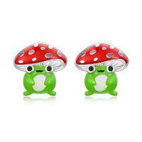 wholesale 925 Sterling Silver Red Polka Dot Mushroom Frog Stud Earrings for Kids- Rhodium Plated