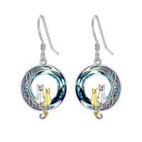 wholesale 925 Sterling Silver Crystal Cat on the Moon Drop Earrings for Women- Rhodium And Gold Plated