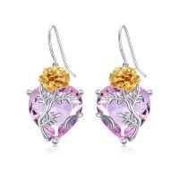 wholesale 925 Sterling Silver Pink Crystal Heart Rose Dangle Earrings for Women Gift Ideas- Rhodium And Gold Plated