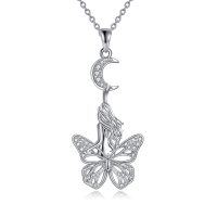 wholesale 925 Sterling Silver Fairy Butterfly Crescent Moon Pendant Necklace for Women- Rhodium Plated