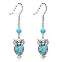 wholesale 925 Sterling Silver Turquoise Owl Drop Earrings with Hook Design for Women's Fashion - Rhodium Plated