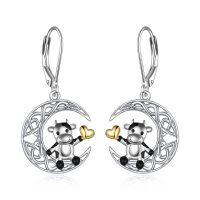 wholesale 925 Sterling Silver Moon with Cow and Heart Leverback Earrings- Rhodium And Gold Plated