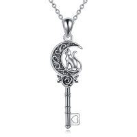wholesale 925 Sterling Silver Crescent Moon Key with Cat and Rose Flower Pendant Necklace for Women Girls- Rhodium Plated