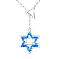 wholesale 925 Sterling Silver Blue Opal Star of David Pendant Chain Necklace for Women-rhodium-plated