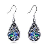 wholesale 925 Sterling Silver Teardrop Tree of Life Abalone Shell Dangle Earrings for Women- Rhodium Plated