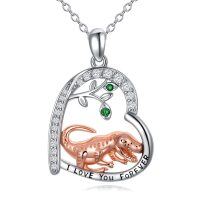 wholesale 925 Sterling Silver Rose Gold Plated Dinosaur Heart Pendant Necklace with Green Crystal Eyes and Cubic Zirconia Accents- Rhodium And Rose Gold Plated