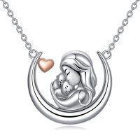 wholesale 925 Sterling Silver Moon & Heart Pendant Necklace with Two Children Gifts for Mothers Wives Grandmas- Rhodium And Rose Gold Plated