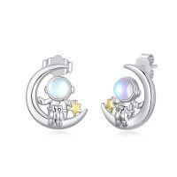 wholesale 925 Sterling Silver Astronaut Moon Stud Earrings with Star Accents for Women- Rhodium And Gold Plated
