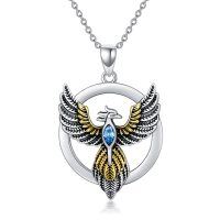 wholesale 925 Sterling Silver Phoenix Necklace with Blue Crystal and Gold Wings Pendant s for Women Men- Rhodium And Gold Plated