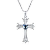 wholesale 925 Sterling Silver Blue Crystal Heart Cross Pendant Necklace for Women- Rhodium Plated