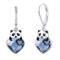 wholesale 925 Sterling Silver Blue Crystal Heart Panda Drop Earrings- Rhodium Plated