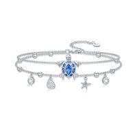 wholesale 925 Sterling Silver Blue Crystal Sea Turtle Charm Ankle Anklet with Starfish and Shell Charms- Rhodium Plated