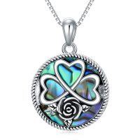 wholesale 925 Sterling Silver Round Clovers & Roses Abalone Shell Pendant Necklaces for Women- Oxidized/Oxidised