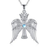 wholesale 925 Sterling Silver Angel Wing Crown Moonstone Pendant Necklace for Women- Rhodium Plated