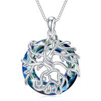 wholesale 925 Sterling Silver Blue Crystal Tree of Life Pendant Necklace- Rhodium Plated