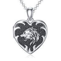 wholesale 925 Sterling Silver Heart Shaped Wolf Photo Holder Pendant Necklaces Gifts for Dad and Son on Father's Day Birthdays- Oxidized/Oxidised
