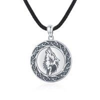 wholesale 925 Sterling Silver Round Retro Howling Wolf Head Pendant Necklaces for Men- Oxidized/Oxidised