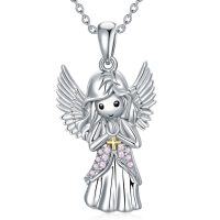 wholesale 925 Sterling Silver Pink Austrian Crystal Guardian Angel Pendant Necklace- Rhodium And Gold Plated