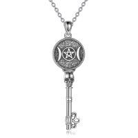 wholesale 925 Sterling Silver Viking Skull Key Pendant Necklace with Pentagram and Moon Phase Design for Women- Oxidized/Oxidised
