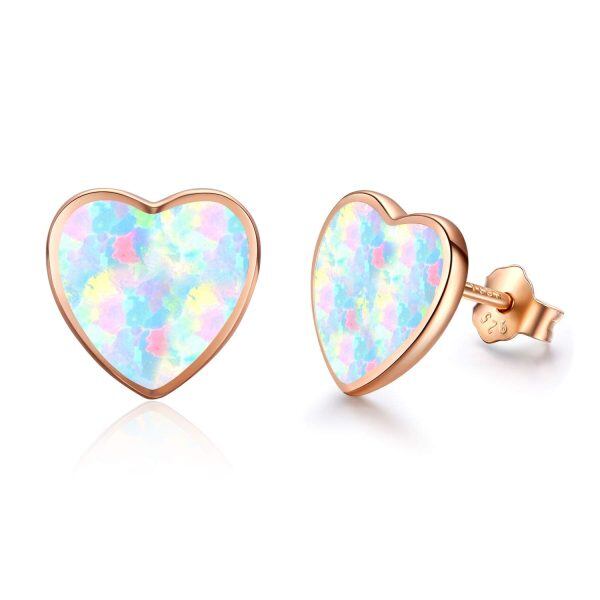 Sterling Silver With Rose Gold Plated Heart Opal Stud Earrings-0