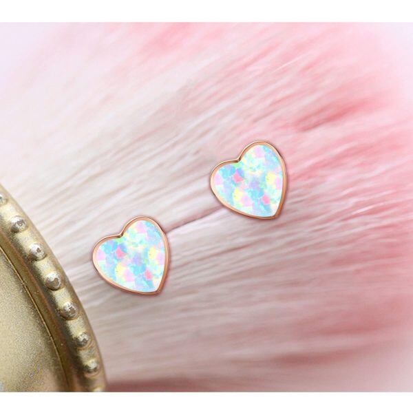 Sterling Silver With Rose Gold Plated Heart Opal Stud Earrings-6