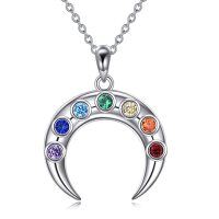 wholesale 925 Sterling Silver Rainbow CZ Crescent Moon Pendant Necklace for Women- Rhodium Plated