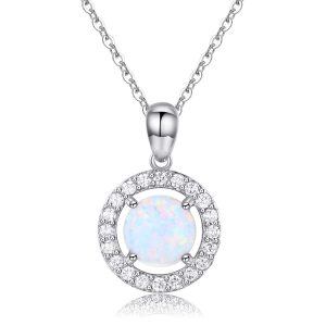 Sterling Silver Round Halo Opal Pendant Necklace-0