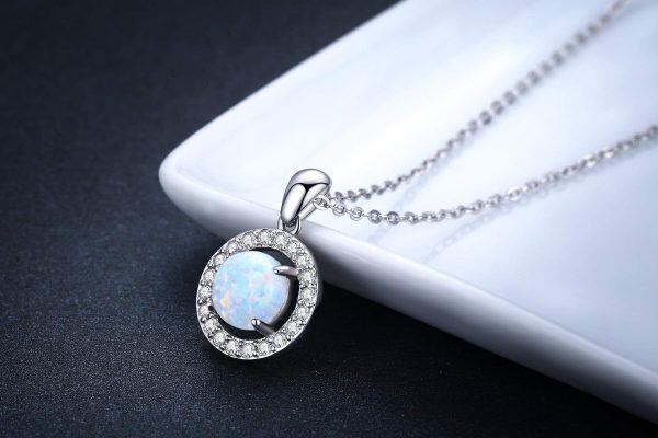 Sterling Silver Round Halo Opal Pendant Necklace-3