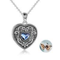 wholesale 925 Sterling Silver Blue Crystal Heart Photo Locket Pendant Necklace for Women- Oxidized/Oxidised